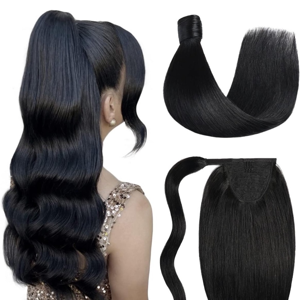 14” Ponytail Extension Straight Human Hair Wrap Around Clip in Hair Piece